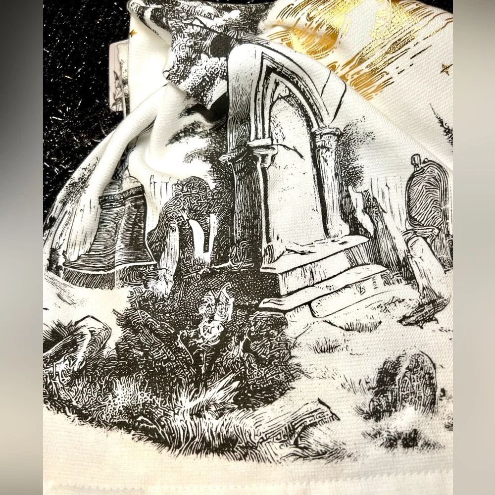 Kassafina Halloween Cemetery Set of 2 Tea Towel with Gold Moon Accent.